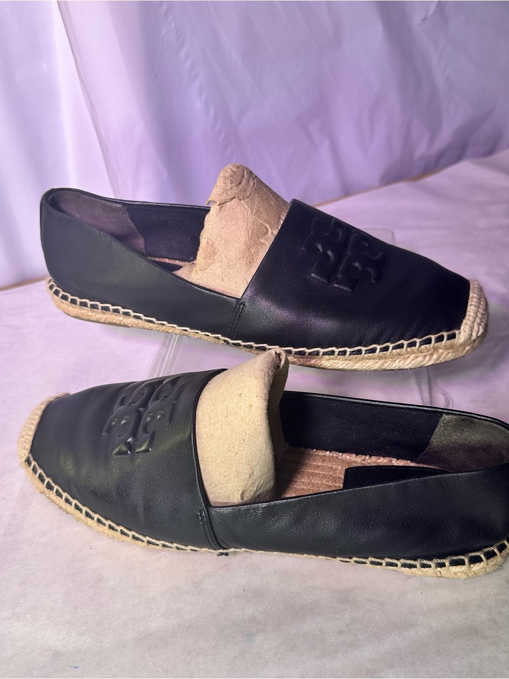 Tory Burch Black Leather Espadrille-Trim Loafer - Picture 2 of 16
